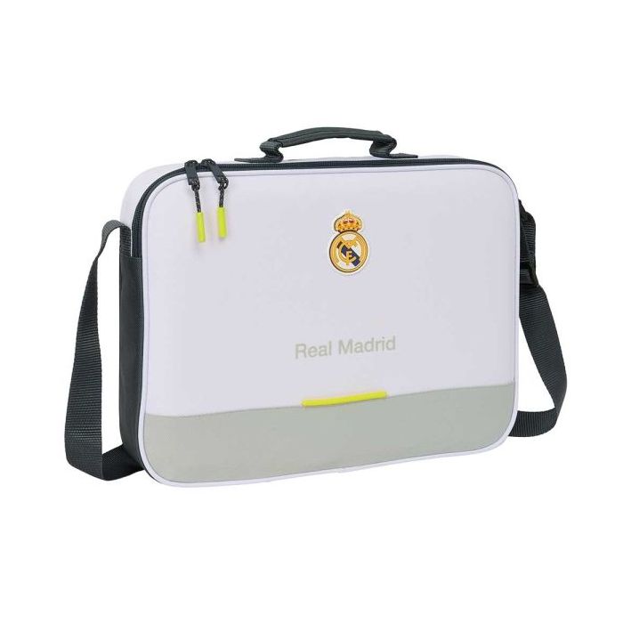 Safta Real Madrid Maletin con Cremallera de 6L - Bandolera Ajustable - Asa de Mano Forrada - Fondo Semirigido Extraible - 38x28x6cm - Color Blanco y Negro