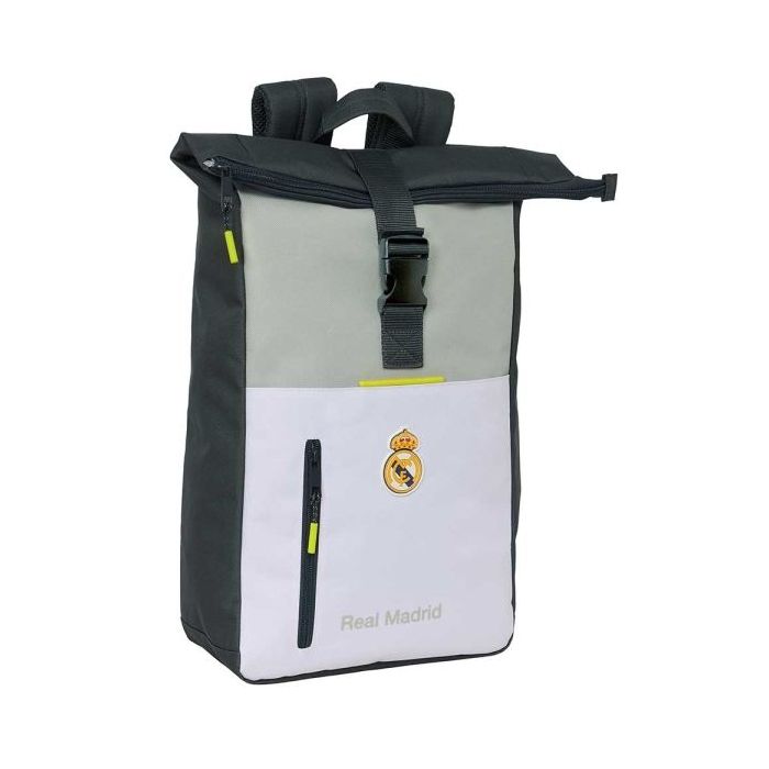 Safta Real Madrid Mochila de 15.3L para Portatil hasta 15.6" - Solapa con Hebilla - Rejilla Antisudor - 28x42x13cm - Color Blanco y Negro