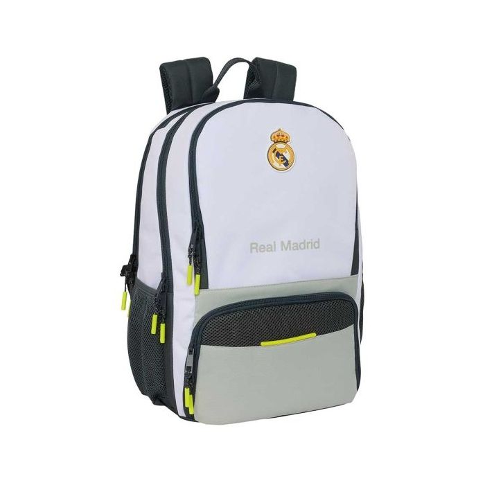 Safta Real Madrid Mochila de 21.4L para Portatil hasta 14.1" - Compartimento para Raqueta de Padel - Espacio para Zapatillas - Rejilla Antisudor - 30x42x17cm - Color Blanco y Negro