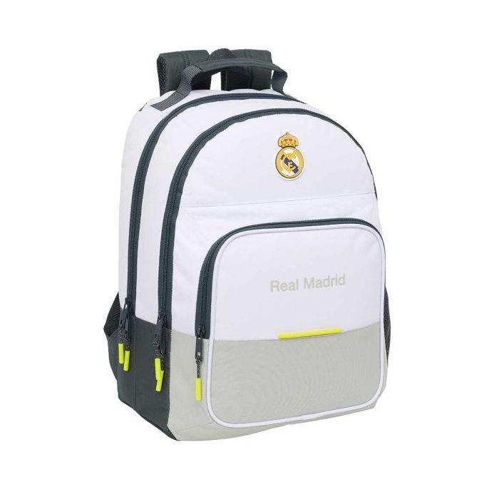 Safta Real Madrid Mochila Escolar de 21.5L - Adaptable a Carro - 3 Compartimentos - Portabotellas - 32x42x16cm - Color Blanco y Negro