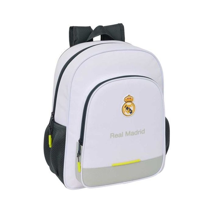 Safta Real Madrid Mochila Infantil de 15L - Adaptable a Carro - 2 Compartimentos - Portabotellas - 32x38x12cm - Color Blanco y Negro