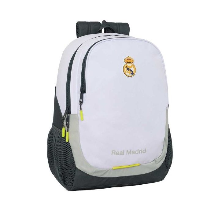 Safta Real Madrid Mochila Escolar de 23L - Adaptable a Carro - 2 Compartimentos - Portabotellas - 32x44x16cm - Color Blanco y Negro