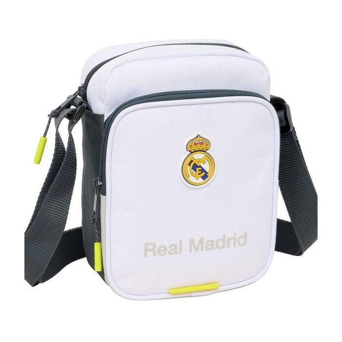 Safta Real Madrid Bandolera de 2L - Ajustable - Bolsillo Trasero con Velcro - Cierre con Cremallera - 16x22x6cm - Color Blanco y Negro