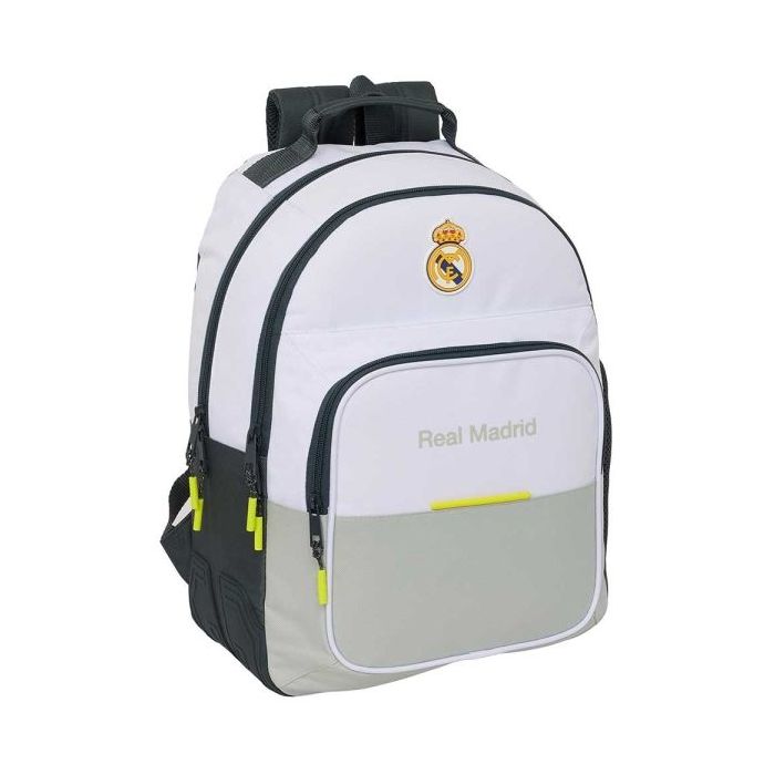Safta Real Madrid Mochila Escolar de 20L - Adaptable a Carro - 3 Compartimentos - Portabotellas - 32x42x15cm - Color Blanco y Negro
