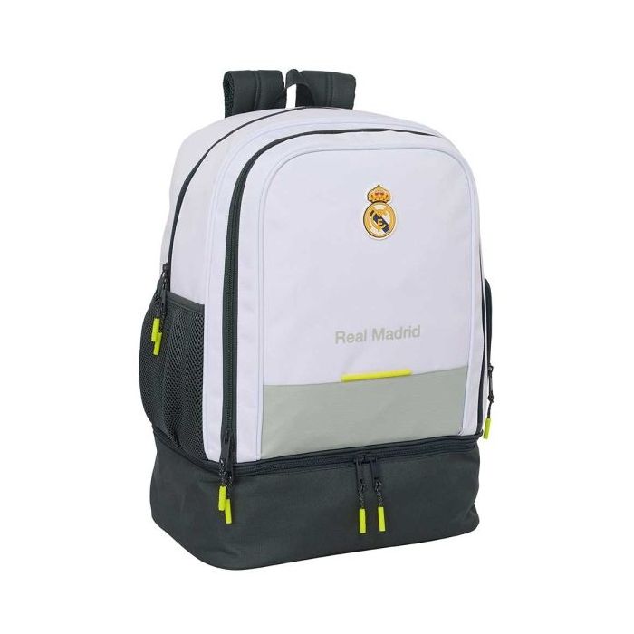 Safta Real Madrid Mochila Escolar de 42L - Portabotellas - Compartimento Semirigido Inferior - Bolsillos con Cremallera - 35x50x24cm - Color Blanco y Negro