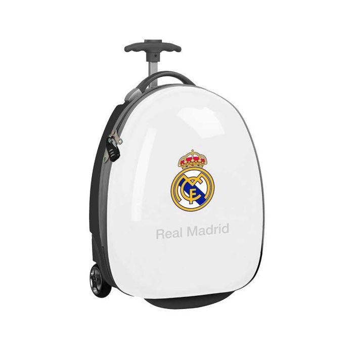 Safta Real Madrid Maleta de 27.7L Trolley Infantil 16" Rigida - Interior Forrado - Asa Telescopica - 2 Ruedas - 28x43x23cm - Color Blanco y Negro