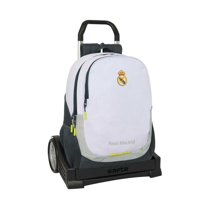 Safta Real Madrid Mochila de 22.5L con Carro Evolution Integrado - Portabotellas - Extraible para Limpieza - Carro de PP, Acero y PVC - 32x44x16cm - Color Blanco y Negro