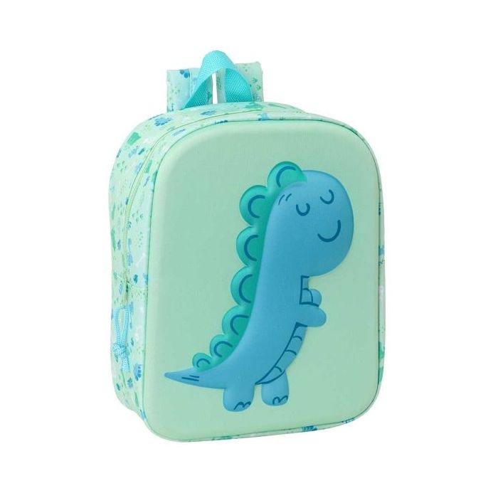 Safta Dino Mochila Guarderia 3D de 6L - Asa de Mano Superior - Asas Regulables y Acolchadas - Cierre de Cremallera - 22x27x10cm - Color Menta