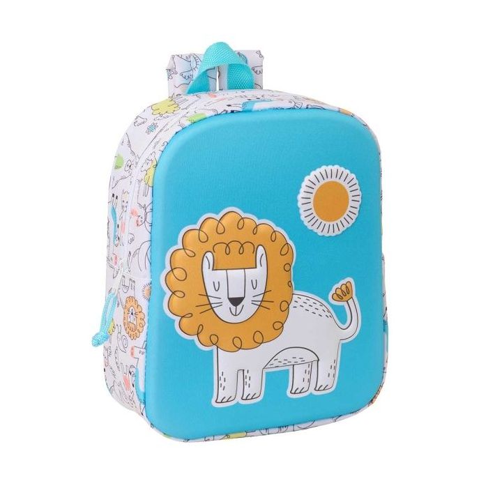 Safta Lion Mochila Guarderia 3D de 6L - Asa de Mano Superior - Asas Regulables y Acolchadas - Cierre de Cremallera - 22x27x10cm - Color Blanco y Azul
