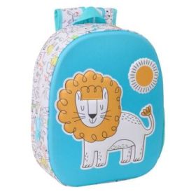 Safta Lion Mochila 3D de 8.64L - Portabotellas - Tarjeta de Identificacion Personal - Hombreras Acolchadas - 27x33x10cm - Color Blanco y Azul