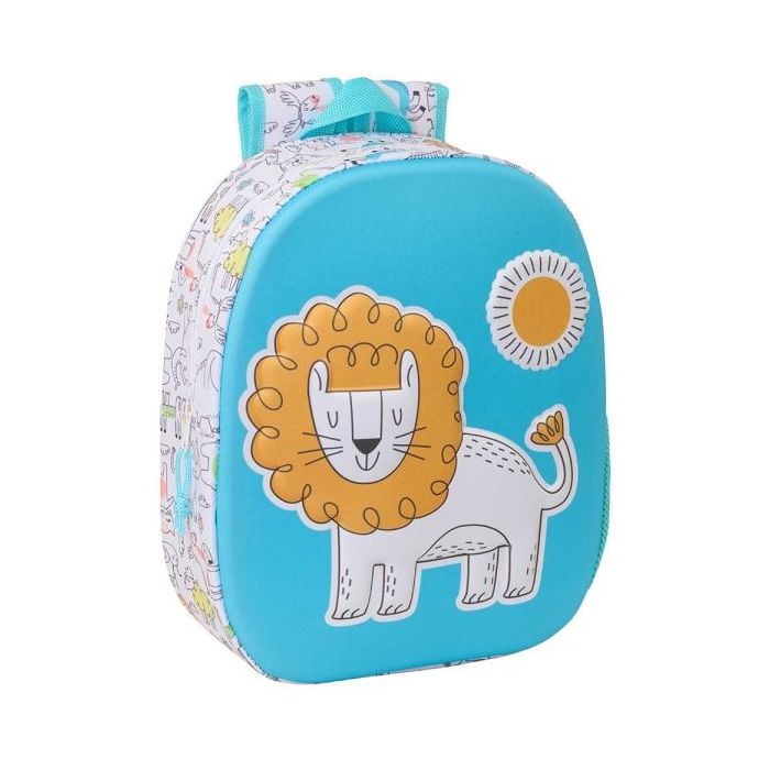 Safta Lion Mochila 3D de 8.64L - Portabotellas - Tarjeta de Identificacion Personal - Hombreras Acolchadas - 27x33x10cm - Color Blanco y Azul