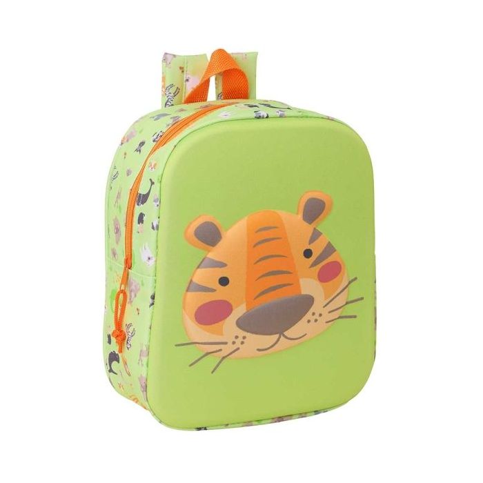 Safta Tiger Mochila Guarderia 3D de 6L - Asa de Mano Superior - Asas Regulables y Acolchadas - Cierre de Cremallera - 22x27x10cm - Color Verde Claro