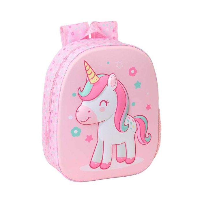 Safta Unicorn Mochila 3D de 8.64L - Portabotellas - Tarjeta de Identificacion Personal - Hombreras Acolchadas - 27x33x10cm - Color Rosa Pastel