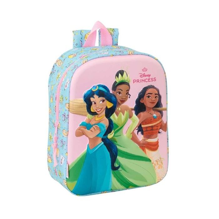 Safta Princesas Disney Mochila Guarderia 3D de 6L - Asa de Mano Superior - Asas Regulables y Acolchadas - Cierre de Cremallera - 22x27x10cm - Color Azul Claro