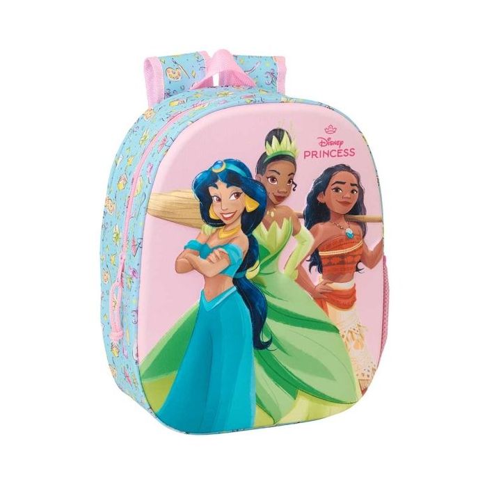 Safta Princesas Disney Mochila 3D de 8.64L - Portabotellas - Tarjeta de Identificacion Personal - Hombreras Acolchadas - 27x33x10cm - Color Azul Claro
