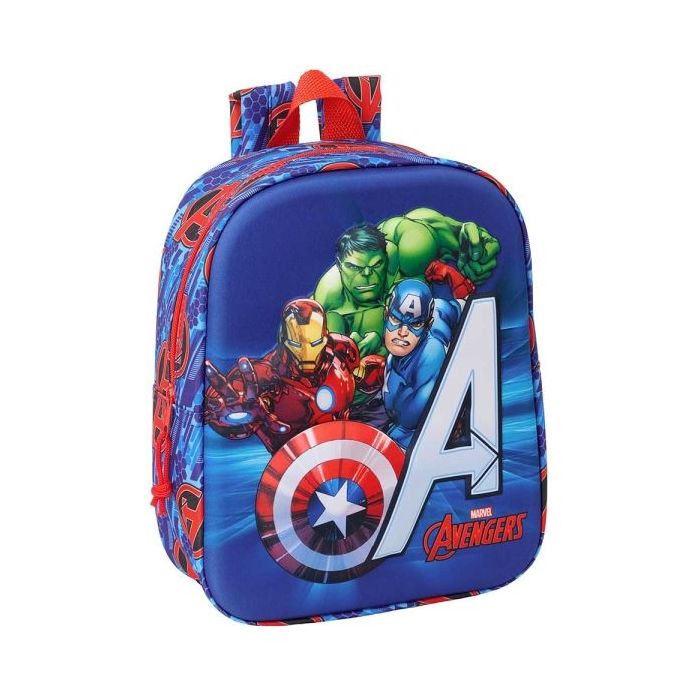Safta Avengers Mochila Guarderia 3D de 6L - Asa de Mano Superior - Asas Regulables y Acolchadas - Cierre de Cremallera - 22x27x10cm - Color Rojo y Azul