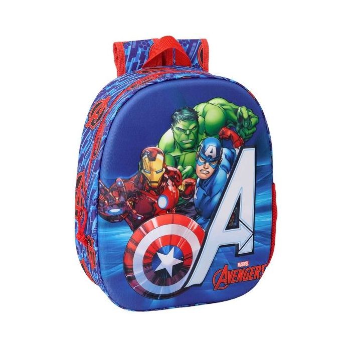 Safta Avengers Mochila 3D de 8.64L - Portabotellas - Tarjeta de Identificacion Personal - Hombreras Acolchadas - 27x33x10cm - Color Rojo y Azul