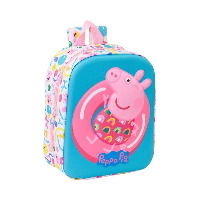 Safta Peppa Pig Mochila Guarderia 3D de 6L - Asa de Mano Superior - Asas Regulables y Acolchadas - Cierre de Cremallera - 22x27x10cm - Color Blanco y Azul