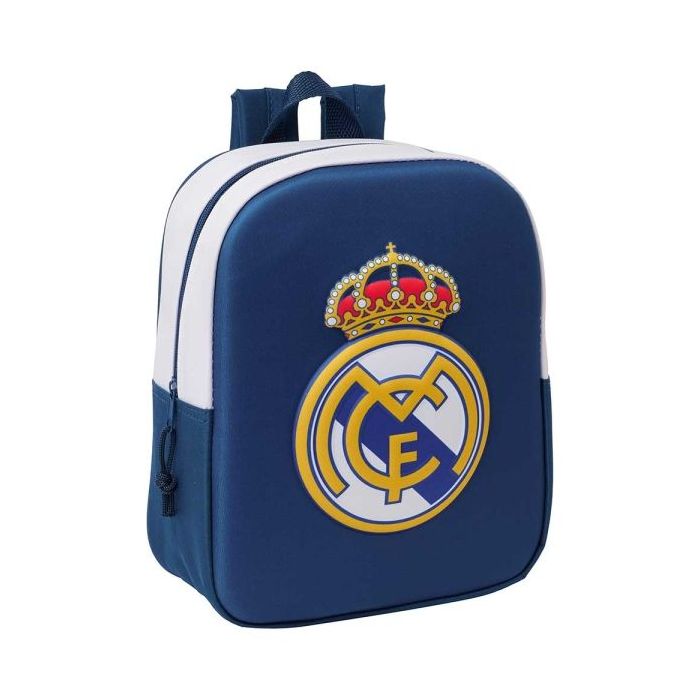Safta Real Madrid Mochila Guarderia 3D de 6L - Asa de Mano Superior - Asas Regulables y Acolchadas - Cierre de Cremallera - 22x27x10cm - Color Blanco y Azul