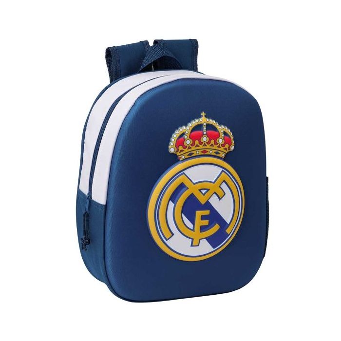 Safta Real Madrid Mochila 3D de 8.64L - Portabotellas - Tarjeta de Identificacion Personal - Hombreras Acolchadas - 27x33x10cm - Color Blanco y Azul