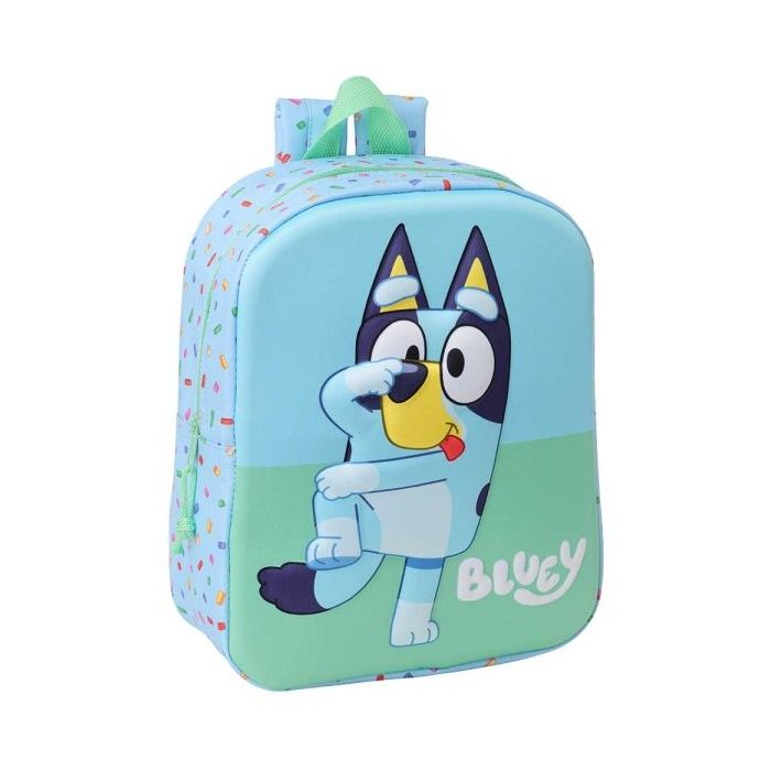 Safta Bluey Mochila Guarderia 3D de 6L - Asa de Mano Superior - Asas Regulables y Acolchadas - Cierre de Cremallera - 22x27x10cm - Color Azul Claro