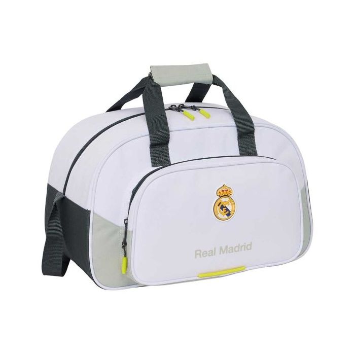 Safta Real Madrid Bolsa Deporte - Bandolera de 22L Ajustable - Tacos en la Base - Fondo Semirigido - 40x24x23cm - Color Blanco y Negro