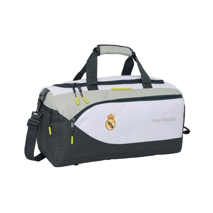 Safta Real Madrid Equipacion 25/26 Bolsa Deporte - Asa de Mano - Bandolera Ajustable y Extraible - 50x25x25cm - Color Blanco/Negro