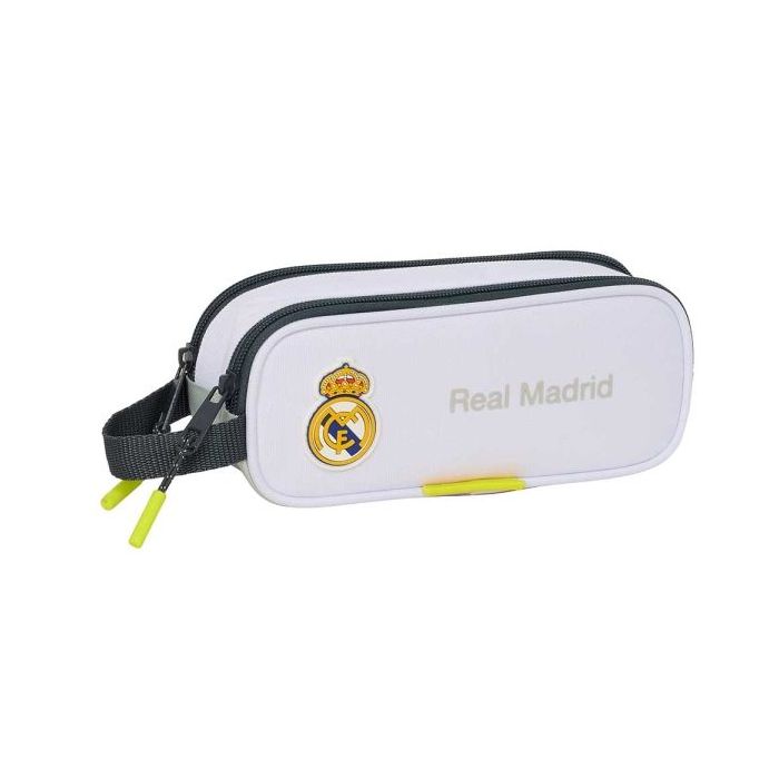 Safta Real Madrid Estuche Portatodo de 1L - 2 Compartimentos - Cierre de Cremallera - Asa de Mano - 21x8x6cm - Color Blanco y Negro