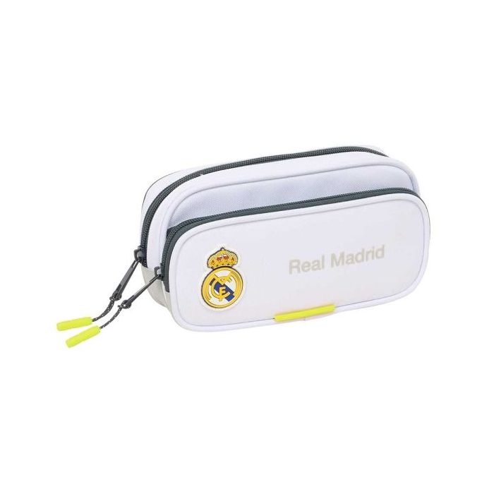 Safta Real Madrid Estuche Portatodo de 1.3L - 2 Compartimentos - Bolsillo Lateral - Cierre con Cremallera - 21x10.5x6cm - Color Blanco y Negro