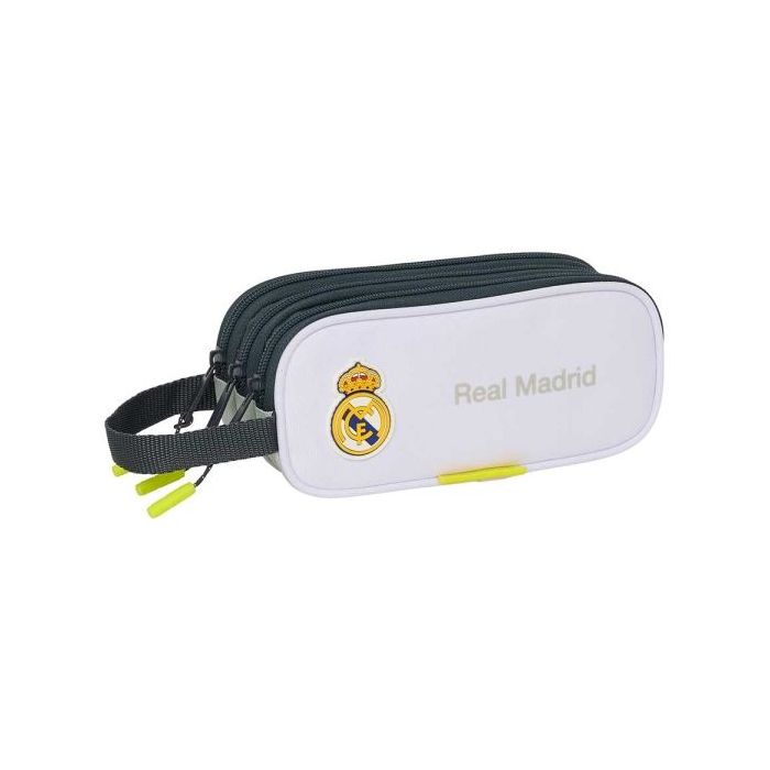 Safta Real Madrid Estuche Portatodo de 1.25L - 3 Compartimentos - Asa de Mano - Cierre de Cremallera - 21x8.5x7cm - Color Blanco y Negro