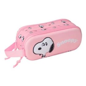 Safta Snoopy Estuche Portatodo 3D de 1L - 2 Compartimentos - Cierre de Cremallera - Asa de Mano - 21x8x6cm - Color Rosa Pastel