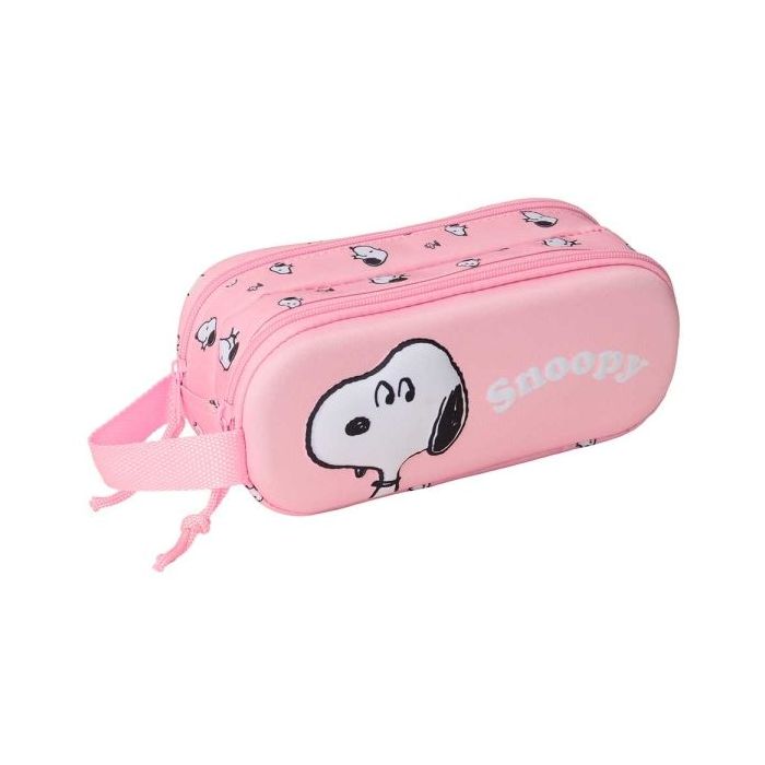 Safta Snoopy Estuche Portatodo 3D de 1L - 2 Compartimentos - Cierre de Cremallera - Asa de Mano - 21x8x6cm - Color Rosa Pastel
