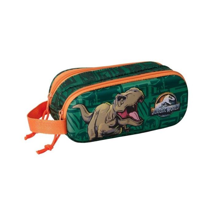 Safta Jurassic World Estuche Portatodo 3D de 1L - 2 Compartimentos - Cierre de Cremallera - Asa de Mano - 21x8x6cm - Color Verde Oscuro