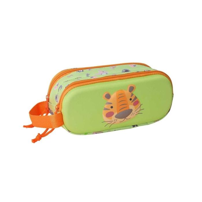 Safta Tiger Estuche Portatodo 3D de 1L - 2 Compartimentos - Cierre de Cremallera - Asa de Mano - 21x8x6cm - Color Verde Claro