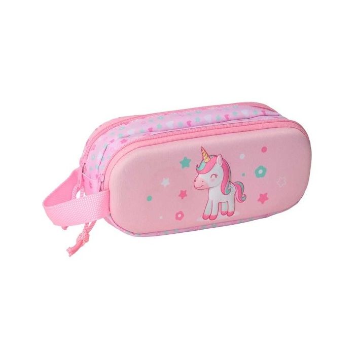 Safta Unicorn Estuche Portatodo 3D de 1L - 2 Compartimentos - Cierre de Cremallera - Asa de Mano - 21x8x6cm - Color Rosa Pastel