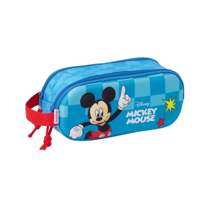 Safta Mickey Mouse Estuche Portatodo 3D de 1L - 2 Compartimentos - Cierre de Cremallera - Asa de Mano - 21x8x6cm - Color Rojo y Azul