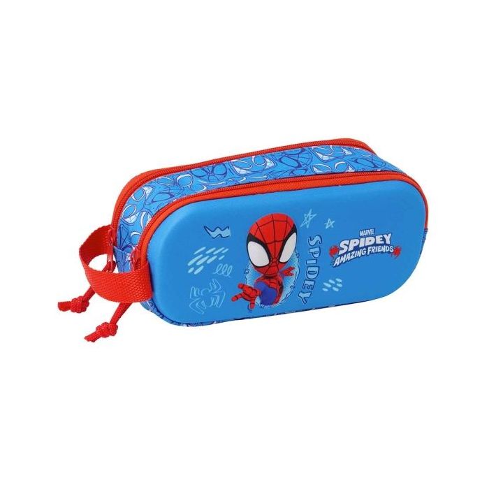 Safta Spidey Estuche Portatodo 3D de 1L - 2 Compartimentos - Cierre de Cremallera - Asa de Mano - 21x8x6cm - Color Rojo y Azul