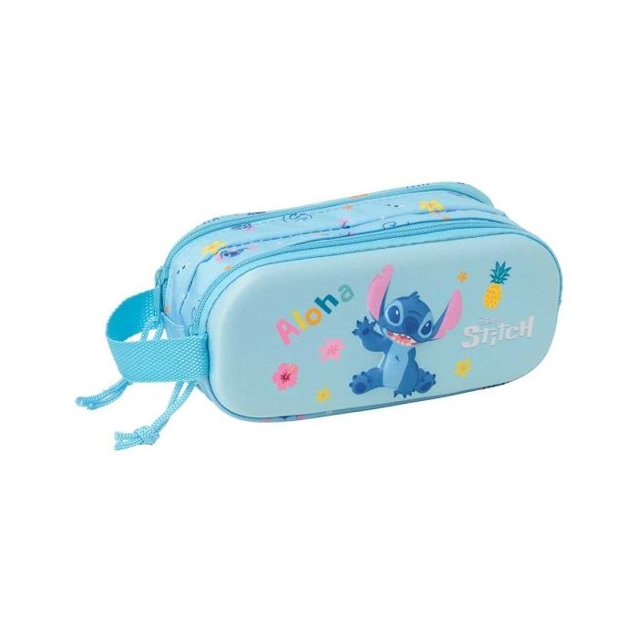 Safta Stitch Estuche Portatodo 3D de 1L - 2 Compartimentos - Cierre de Cremallera - Asa de Mano - 21x8x6cm - Color Azul Claro