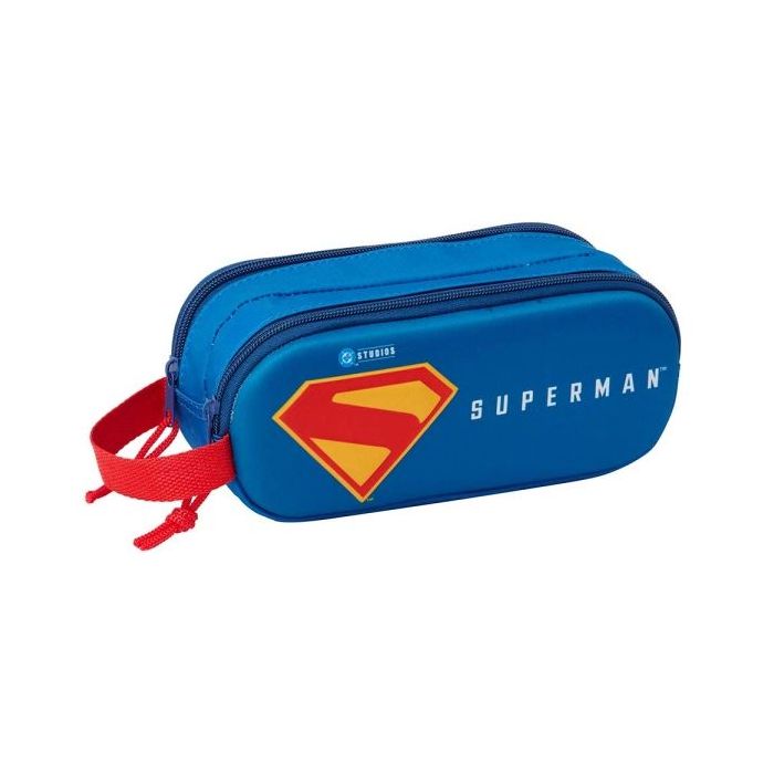 Safta Superman Estuche Portatodo 3D - 2 Compartimentos - Cierre de Cremallera - Asa de Mano - 21x8x6cm - Color Rojo y Azul