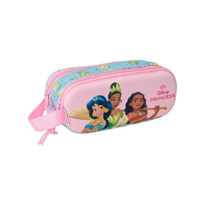 Safta Princesas Disney Estuche Portatodo 3D de 1L - 2 Compartimentos - Cierre de Cremallera - Asa de Mano - 21x8x6cm - Color Azul Claro