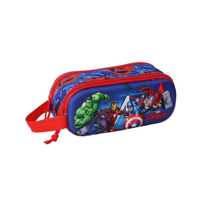 Safta Avengers Estuche Portatodo 3D de 1L - 2 Compartimentos - Cierre de Cremallera - Asa de Mano - 21x8x6cm - Color Rojo y Azul
