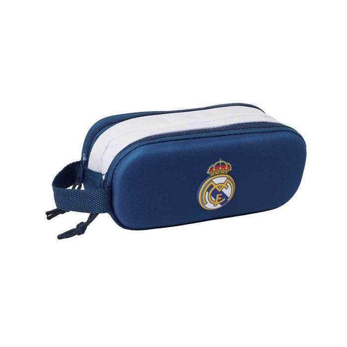 Safta Real Madrid Estuche Portatodo 3D de 1L - 2 Compartimentos - Cierre de Cremallera - Asa de Mano - 21x8x6cm - Color Blanco y Azul