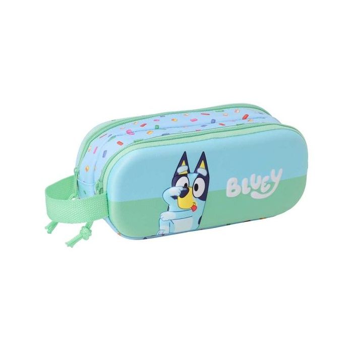 Safta Bluey Estuche Portatodo 3D de 1L - 2 Compartimentos - Cierre de Cremallera - Asa de Mano - 21x8x6cm - Color Azul Claro