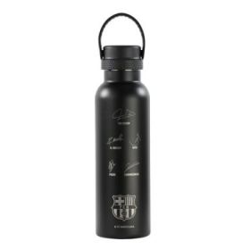 Safta F.C.Barcelona Botella Reutilizable 600mL - Doble Pared - Base de Silicona - Acero Inoxidable - Tapon a Rosca con Asa - 12H Caliente / 24H Frio - 25x7.3x7.3cm - Color Negro