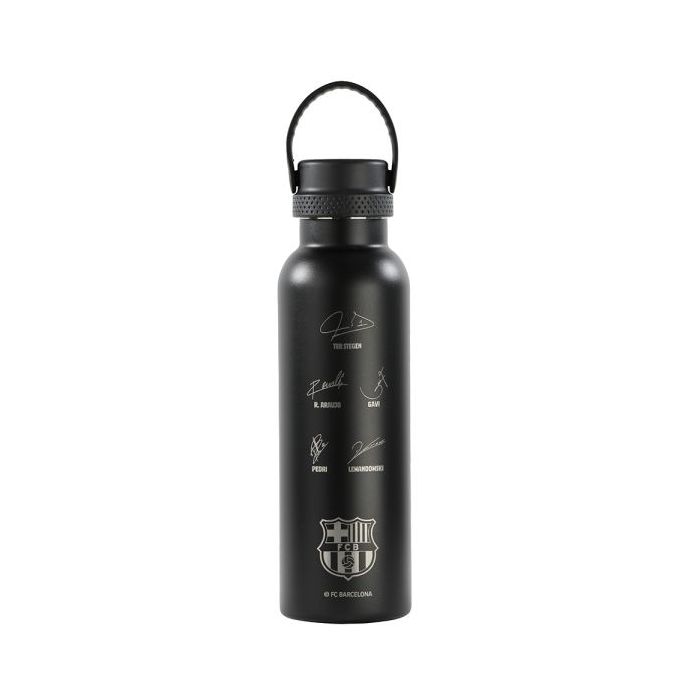 Safta F.C.Barcelona Botella Reutilizable 600mL - Doble Pared - Base de Silicona - Acero Inoxidable - Tapon a Rosca con Asa - 12H Caliente / 24H Frio - 25x7.3x7.3cm - Color Negro