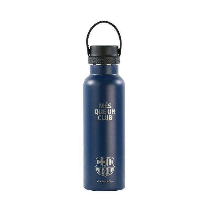 Safta F.C.Barcelona Botella Reutilizable 600mL - Doble Pared - Base de Silicona - Acero Inoxidable - Tapon a Rosca con Asa - 12H Caliente / 24H Frio - 25x7.3x7.3cm - Color Azul Marino