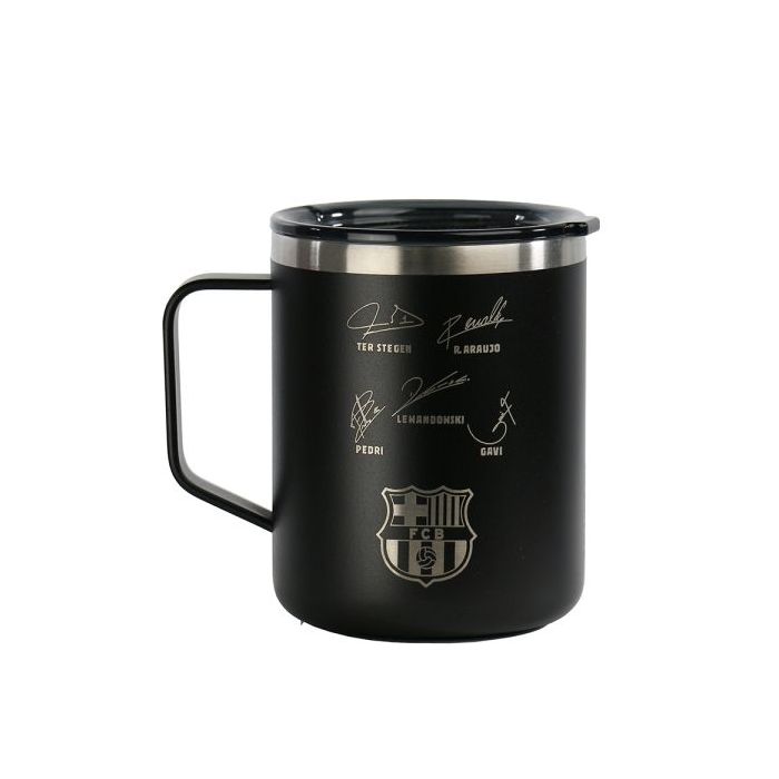 Safta F.C.Barcelona Taza Acero Inoxidable 400mL - Doble Pared - Base de Silicona - Acero Inoxidable - Tapa y Asa - 12H Caliente / 24H Frio - 10.7x8.4x8.4cm - Color Negro