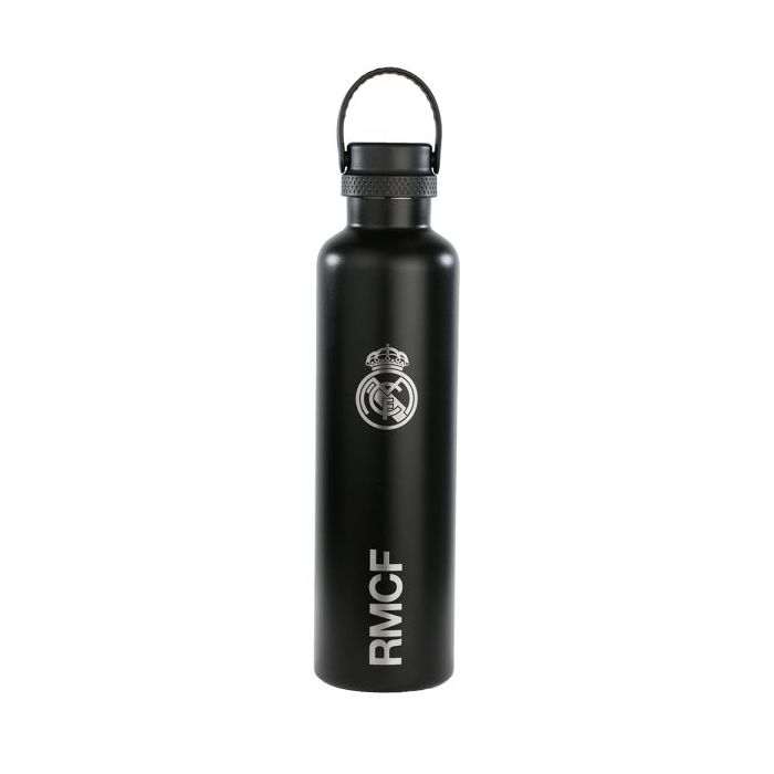 Safta Real Madrid Botella Reutilizable 1L - Doble Pared - Base de Silicona - Acero Inoxidable - Tapon a Rosca con Asa - 12H Caliente / 24H Frio - 31.5x8.4x8.4cm - Color Negro