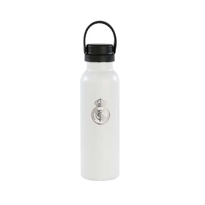 Safta Real Madrid 1ª Equipacion 24/25 Botella Reutilizable 600ml - Doble Pared con Aislamiento - Base de Silicona - Conserva Temperatura 12h Caliente / 24h Caliente - 25x7.3x7.3cm - Color Blanco/Negro