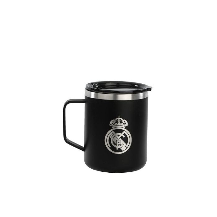 Safta Real Madrid 2ª Equipacion 24/25 Taza de Acero Inoxidable 350ml - Doble Pared con Aislamiento - Base de Silicona - Conserva Temperatura 12h Caliente / 24h Caliente - 10.7x8.4x8.4cm - Color Negro
